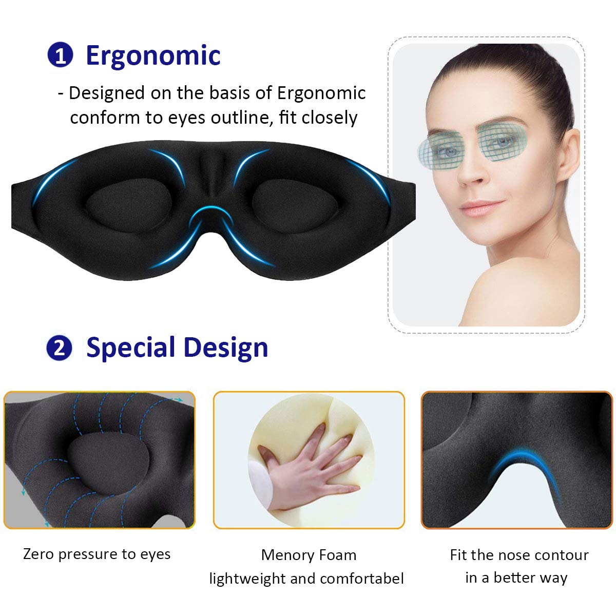 3D Contour Eye Mask for Sleep and Travel (Black)